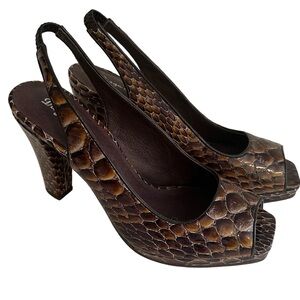 Diego Di Lucca Brown Reptile Embossed Leather Peep Toe Heel 8 NEW